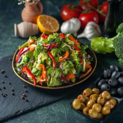 vista-lateral-de-salada-vegana-com-ingredientes-frescos-em-um-prato-na-tabua-de-corte-preta vista-lateral-de-salada-vegana-com-ingredientes-frescos-em-um-prato-na-tabua-de-corte-preta